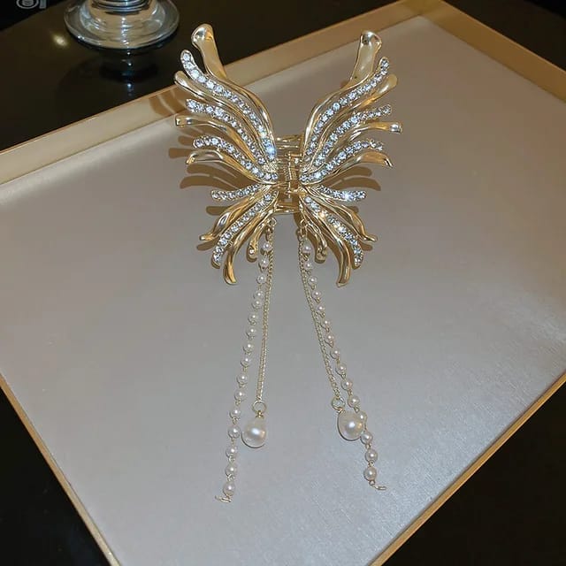 Butterfly Pearl Tassel Hair Clips Korean Elegant Shark Clip Hair Styling Clip - Spectrum Jewellery